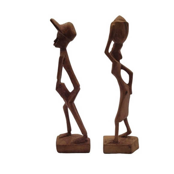 2 African Tribal Art Hand Carved Wood Figures Woman Pot on Head Man w/ Drum 12" - Picture 4 of 10